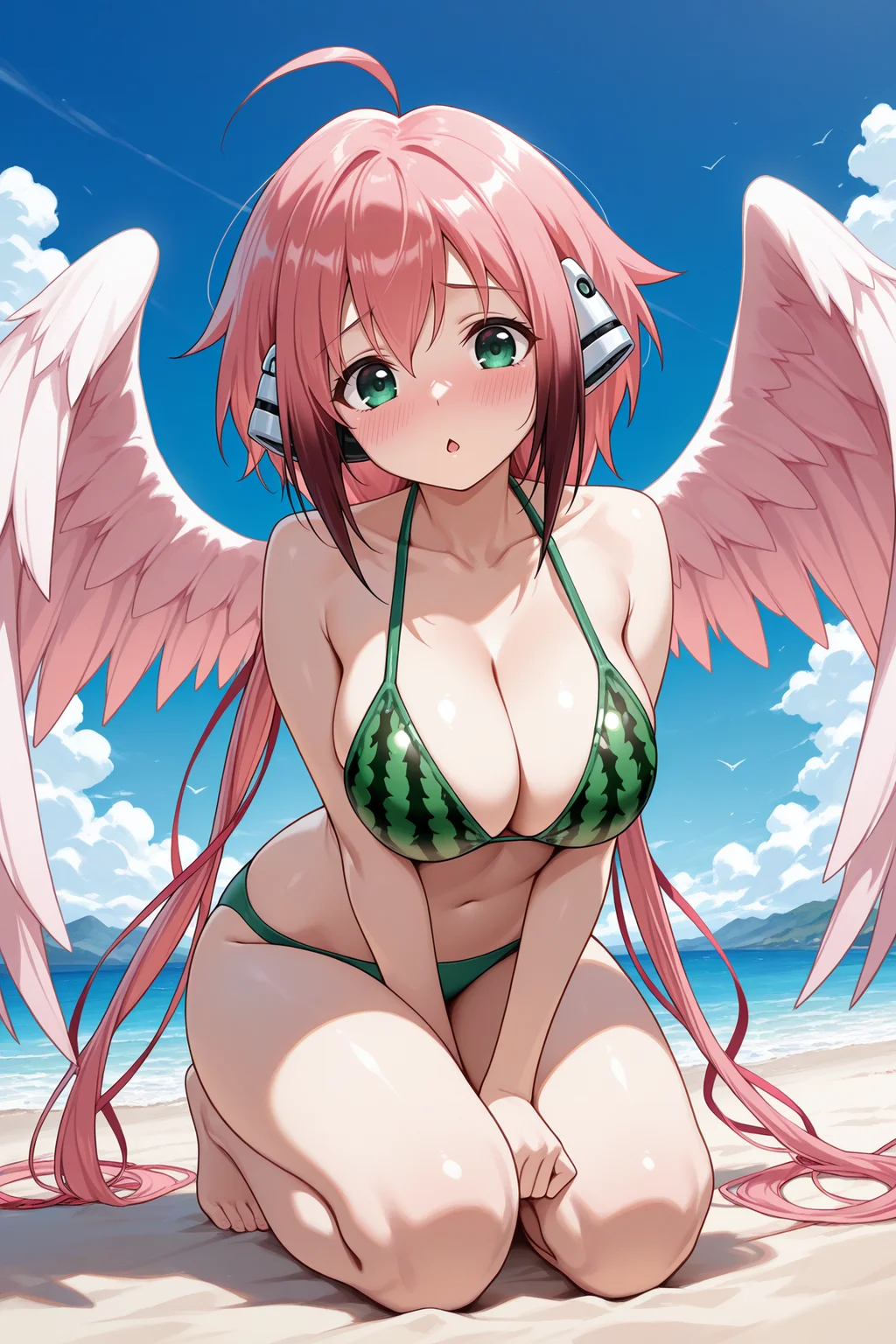 masterpiece, best quality, 1girl, solo, <lora:ikaros-illu-nvwls-v1-000006:1> ik4ros, robot ears, pink hair, very long hair, low twintails, ahoge, feathered wings, pink wings, green eyes, large breasts, watermelon print bikini, green bikini, looking at viewer, beach, blush, chestnut mouth, embarrassed, blue sky, full body