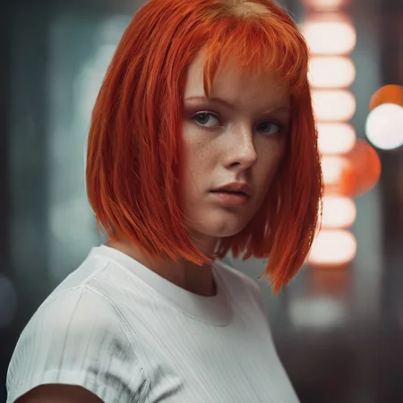 cinematic film still of <lora:add-detail-xl:0.7>1
<lora:detailed:0.4> detailed style
<lora:perfection style:0.4> perfection style
<lora:Le Cinquieme Element style:0.9> Le Cinquieme Element style
Leeloo a woman with red hair and a white shirt, shallow depth of field, vignette, highly detailed, high budget, bokeh, cinemascope, moody, epic, gorgeous, film grain, grainy
