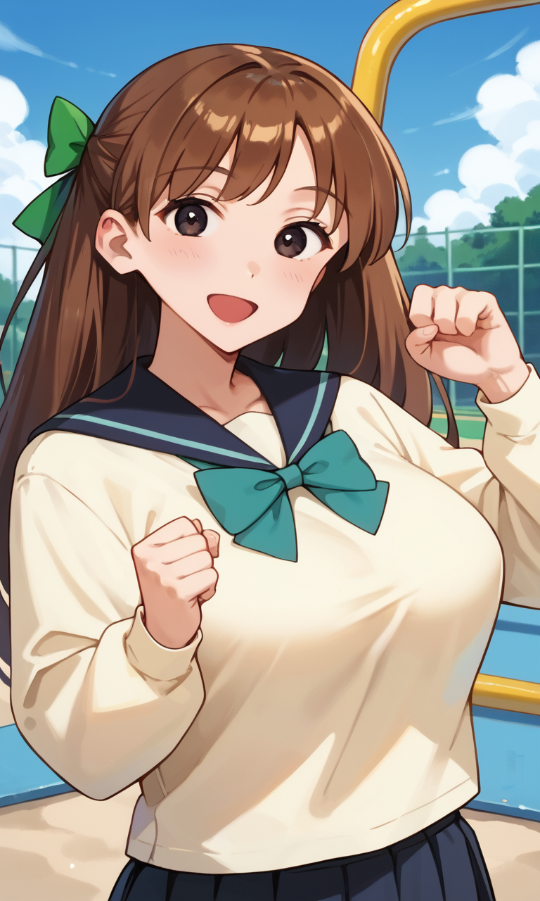 (1girl:1.5), (solo:1.3), (score_9, score_8_up, score_7_up, score_6_up, score_5_up, score_4_up), (source_anime), rating_questionable, looking at viewer, (upper body:1.5), outdoors, blue sky, playground, school,
 (yellow sweater, oversized clothes, long sleeves, blue sailor collar, green bowtie, blue skirt, pleated skirt, miniskirt), (large breasts), <lora:mari-friend-rika_v1:0.9> (mari-friend-rika), (black eyes, brown hair, long hair, bangs, big hair bow), (smile, happy, open mouth, wide mouth),
clenched hands, hands up,