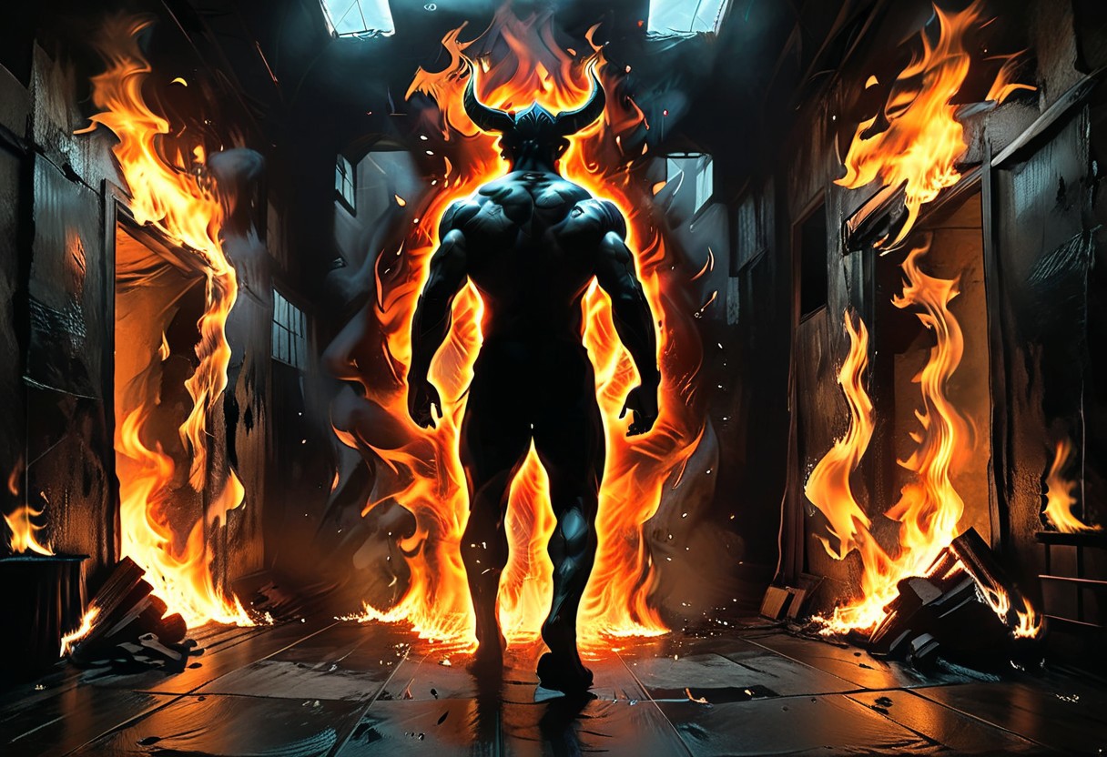 <lora:flame silhouette:1>,  <lora:flame:1>, flame,
fullbody, full body, back view, <lora:Super perspective and fight stance:0.8>, ((super low perspective)), low perspective, ((fisheye)), dark atmosphere, dark shadow, deep shadow, shadow,  Super perspective,fisheye, wide shot, foreshorten, lighting stance, (fire around), ((fiery footprints)),
Man with demon horns in black shorts walking away from the long dark office corridor, Adult, Mesomorph Muscular body, short Muscular neck, Rectangle faces, broad Muscular shoulders, Muscular fitness arms,  black short combed back hair,  Angular jawline,  Designer Stubble black whiskers, triangular black hair beard, Muscular fitness ass,  Athletic thighs, Muscular fitness legs,  big muscles,  dark black skin,
((burning walls)), ((fire on the walls)),
<lora:Camera Perspectives (507):1>,  from below, foreshortening, perspective,
graphic style of novel comics, perfect hands, 2d,
8k, hyperrealism, masterpiece, high resolution, best quality, ultra-detailed, super realistic, Hyperrealistic art, high-quality, ultra high res, highest detailed, lot of details, Extremely high-resolution details, incredibly lifelike, colourful, soft cinematic light,