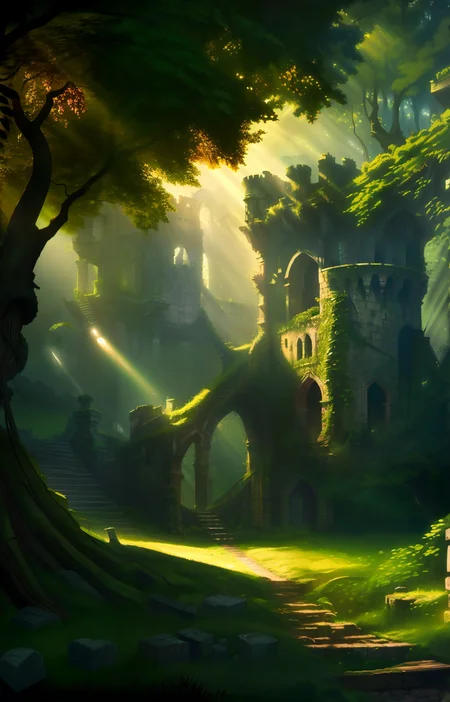 detailed photo landscape fanfo fanru Deep in the forest a clearing a tall abandoned ruined castle wall keep tower surround by a moat , vines climb the stone walls a a shaft of light pierces the tree follage to illuminate the castle in soft light <lora:Fantasy Forest - v1.1:0.8> <lora:Fantasy Ruins -fanru:0.08> detailed