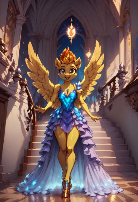score_9, score_8_up, score_7_up, anthro,
(((Spitfire))), pegasus, ((spread wings)),
facing viewer, front view, female focus, view from chesthight,
g5, pony, female, mare, tail, dock, solo, 1girl, highly detailed, beautiful, detailed eyes, detailed fur, beautiful eyes, (tall), ((perfect body proportions), (beautiful long legs),
small breasts, show accurate skin colour,
long hair, fluffy hair, biggest hair,
(((walking ((down)) a grand staircase))), (((waving to viewer))), ((happy, excited, smiling at viewer invitingly)),
(((wearing a beautiful, eyecoloured, bioluminescent, shoulderfree ballgown))), glowing ballgown,
BREAK,
highly detailed background, (((nighttime))), night
inside Canterlot castle, ballroom, ((grand staircase)), mirror marble floor, (((dimmed lights in the room))),