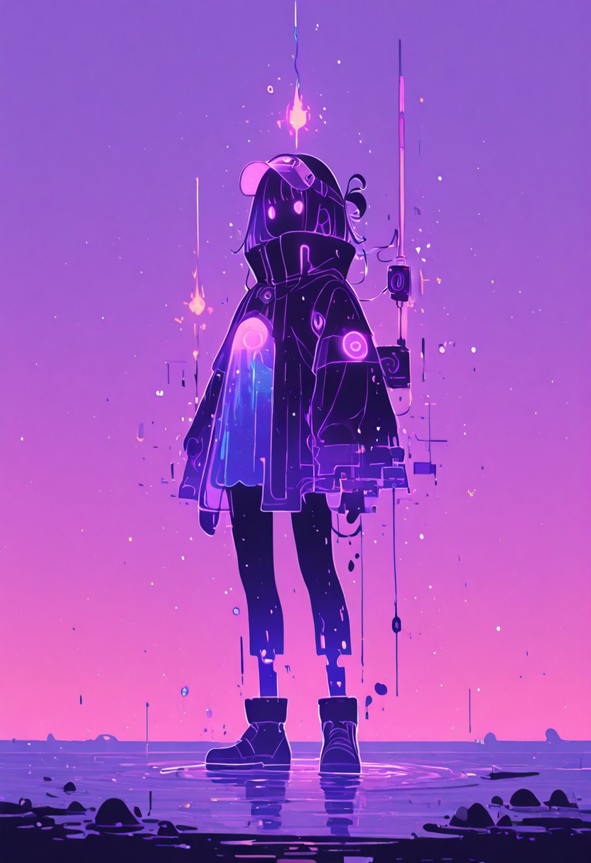 (highly detailed, xxx667_illu, glowing, glitch, Flatline, Flat vector illustration), naruto standing at the edge of a crystal-clear lake surrounded by jagged neon-lit cliffs, casting a glowing fishing line into the water, vibrant teal and magenta light reflections rippling across the surface, glitch effects subtly distorting the movement of the fishing rod and water ripples, glowing energy pulse traveling along the line, deep violet sky transitioning to electric blue at the horizon, translucent mist swirling above the lake, small bioluminescent fish swimming near the surface, naruto wearing a futuristic visor and high-collar jacket with illuminated trim, ambient glowing particles suspended in the air, jagged rocks covered with luminous moss, serene but electric atmosphere, detailed linework in bold black, soft gradients and flat color fields, stylized flat art with angular shapes, surreal harmony between nature and high-tech energy, bright reflections casting prismatic colors onto naruto’s face and clothes, digital interference patterns gently warping parts of the scene