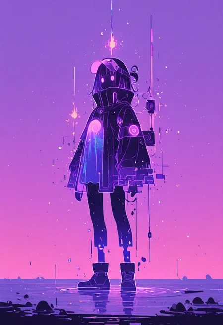 (highly detailed, xxx667_illu, glowing, glitch, Flatline, Flat vector illustration), naruto standing at the edge of a crystal-clear lake surrounded by jagged neon-lit cliffs, casting a glowing fishing line into the water, vibrant teal and magenta light reflections rippling across the surface, glitch effects subtly distorting the movement of the fishing rod and water ripples, glowing energy pulse traveling along the line, deep violet sky transitioning to electric blue at the horizon, translucent mist swirling above the lake, small bioluminescent fish swimming near the surface, naruto wearing a futuristic visor and high-collar jacket with illuminated trim, ambient glowing particles suspended in the air, jagged rocks covered with luminous moss, serene but electric atmosphere, detailed linework in bold black, soft gradients and flat color fields, stylized flat art with angular shapes, surreal harmony between nature and high-tech energy, bright reflections casting prismatic colors onto naruto’s face and clothes, digital interference patterns gently warping parts of the scene