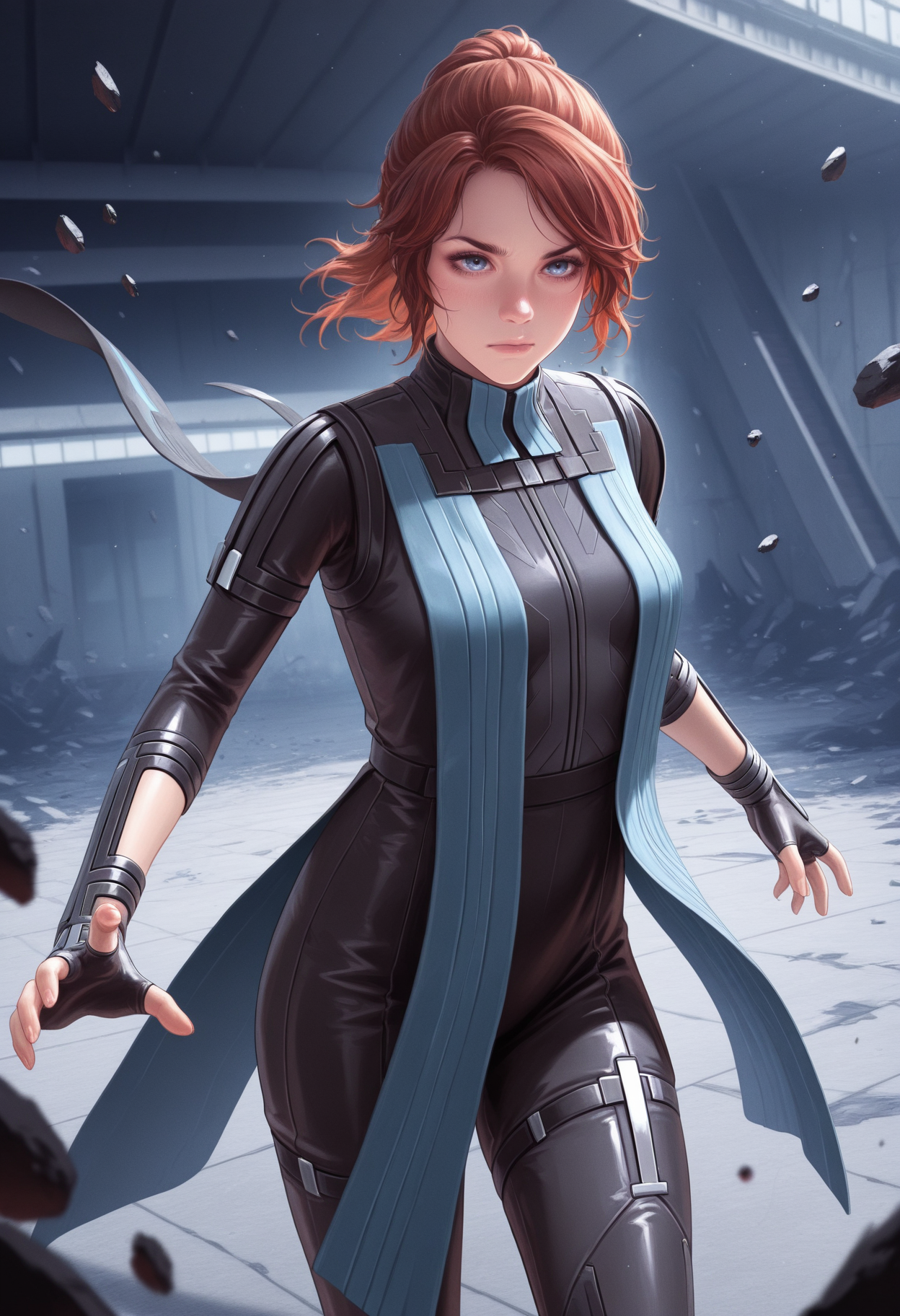 masterpiece, best quality, amazing quality,j3ss3, <lora:jesseFaden_illustrious_byJaneB:1>, 1girl, solo, 
asynchronoussuit, black gloves, floating debris, protecting,