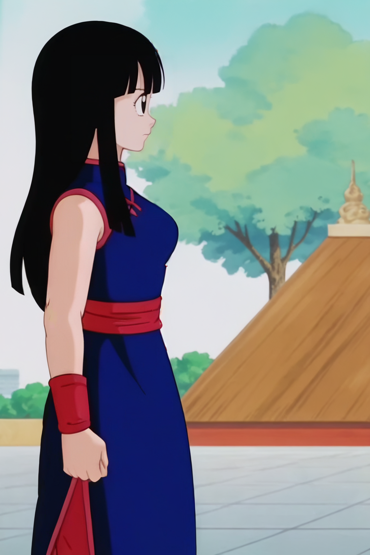 source_anime, score_9, score_8_up, score_7_up, anime screencap,8k, absurdres, 
chi-chi, (hair down), 1girl, solo, long hair, breasts, bangs, world martial arts tournament arena, black hair, mountain, bare shoulders, medium breasts, closed mouth, standing, sleeveless, black eyes, from side, profile, sleeveless dress, blue dress,   chinese clothes, red wristband, straight hair, web address, arms at sides, red sash, red pants, arm at side, hair down,
 <lora:chichi_pony_v1:0.8>