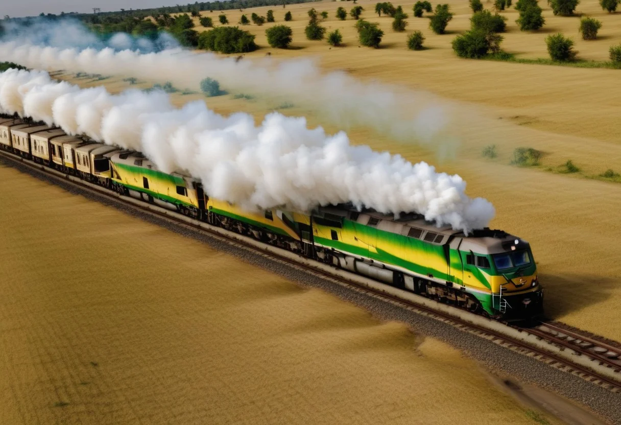 A train speeds through the plains, leaving a faint trail of white smoke in its wake.