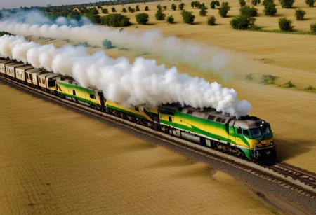 A train speeds through the plains, leaving a faint trail of white smoke in its wake.