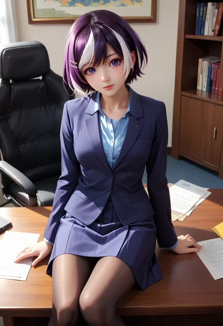 score_9, score_8_up, score_7_up, source_anime, (masterpiece, Highest quality:1.4), (beautiful, perfection, delicate, Complex:1.2), (cute, adorable), (Depth of written border:1.2), Realistic skin:1.2,
1 girl, 23 years old,
tsubasa, short hair, multicolored hair, hair ornament, purple eyes,
business suit, suit, shirt, skirt, pantyhose, kneehighs, loafers,
office, office desk, office chair, indoor, sitting, cowboy shot, anatomically correct;1,5,
