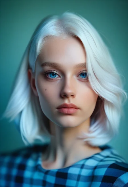 score_9, score_8_up, score_7_up, score_6_up, score_5_up, RSWMN, Russian woman, solo, white hair, realistic, looking at viewer, 1girl, lips, plaid, blue eyes, mole, medium hair, multicolored hair, closed mouth