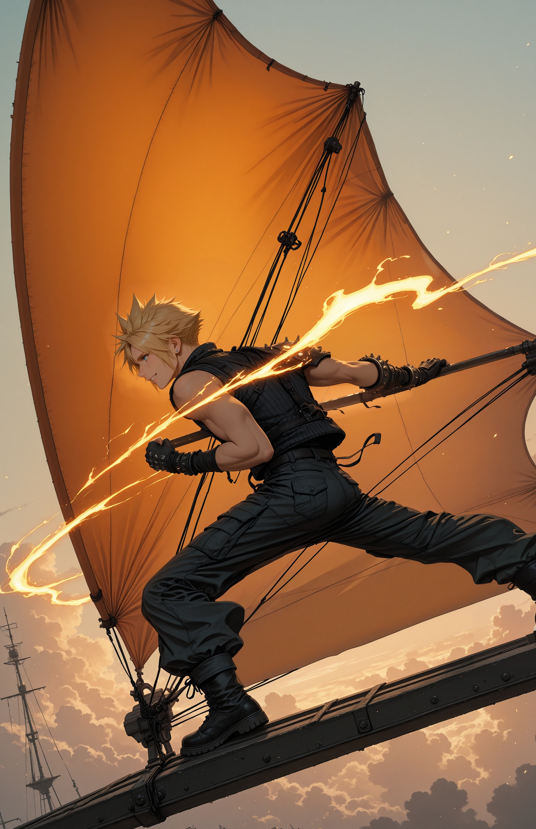 1boy, solo, cloud strife, spiked hair, blonde hair, smiling, focused,
sleeveless topwear, ribbed top, spiked shoulder armor, cargo pants, combat boots, fingerless glovesm 
flying, dynamic pose, glider, hang gliding, hang glider, (orange sail, mast), standing on glider, iron rail, hand on rail, one hand up, clenched hand, aerial scene, aerial, energy ribbon, magic ribbon, glowing effect, orange glow, fiery, smoke trail, wind, motion lines, motion blur, enrgy particles, looking to the side, looking away, 
action shot, vibrant colors,   
masterpiece, best quality, amazing quality, very aesthetic, absurdres, newest, scenery, anime coloring, flat color