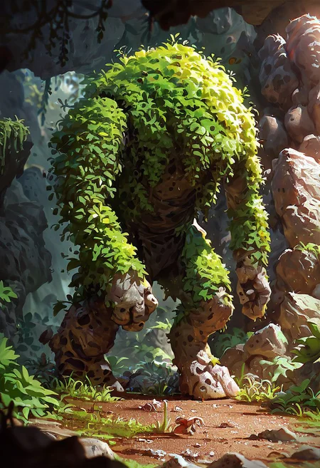 score_9,score_8_up,score_7_up,
giant rock GOLEM with plants growing on shoulders, rough rocks, rough stone, unpolished, dirty, ancient, STANDING,