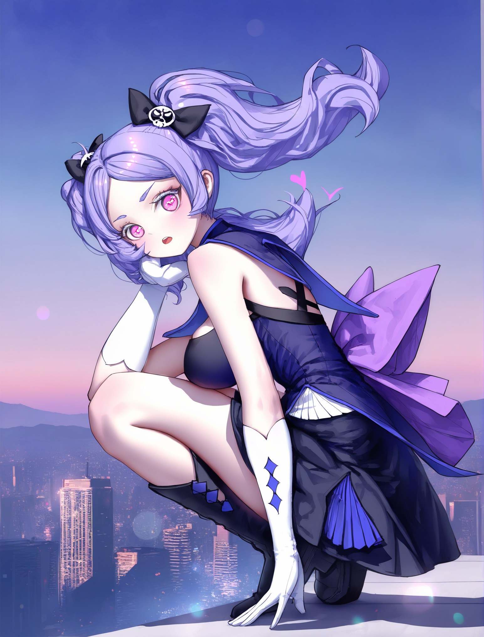 1girl,Lanmei haoxiongdi,<lora:lanmeinoob-000014:1>,
character focus,(artist:reoen:0.826446),artist:machi,(artist:ningen_mame:0.9),(artist:sho_(sho_lwlw):0.9),(artist:rhasta:0.9),(artist:wlop:0.7),(artist:ke-ta:0.6),(fkey:0.5),(tianliang duohe fangdongye:0.5),(hiten \(hitenkei\):0.6),(artist:onineko:0.726446),twintails,purple hair,pink eyes,solo,perfect face,bedutiful eyes,magical girl,bow,gloves,white gloves,boots,purple bow,dress,skull hair ornament,looking at viewer,hair ornament,large breasts,black bow,black footwear,hair bow,heart,dress,
day,looking at viewer,open mouth,outdoors,sky,city,night,building,ccity,city lights,cityscape,depth of field,evening,gradient sky,lens flare,rooftop,sky,skyline,skyscraper,
newest,masterpiece,best quality,highres,absurdres,