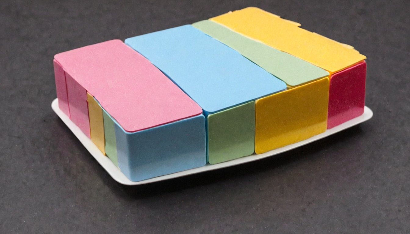 plastkort, a cake shape (made from:1.3) colored (rectangular plastic cards), <lora:Plastkort_epoch_8:1>