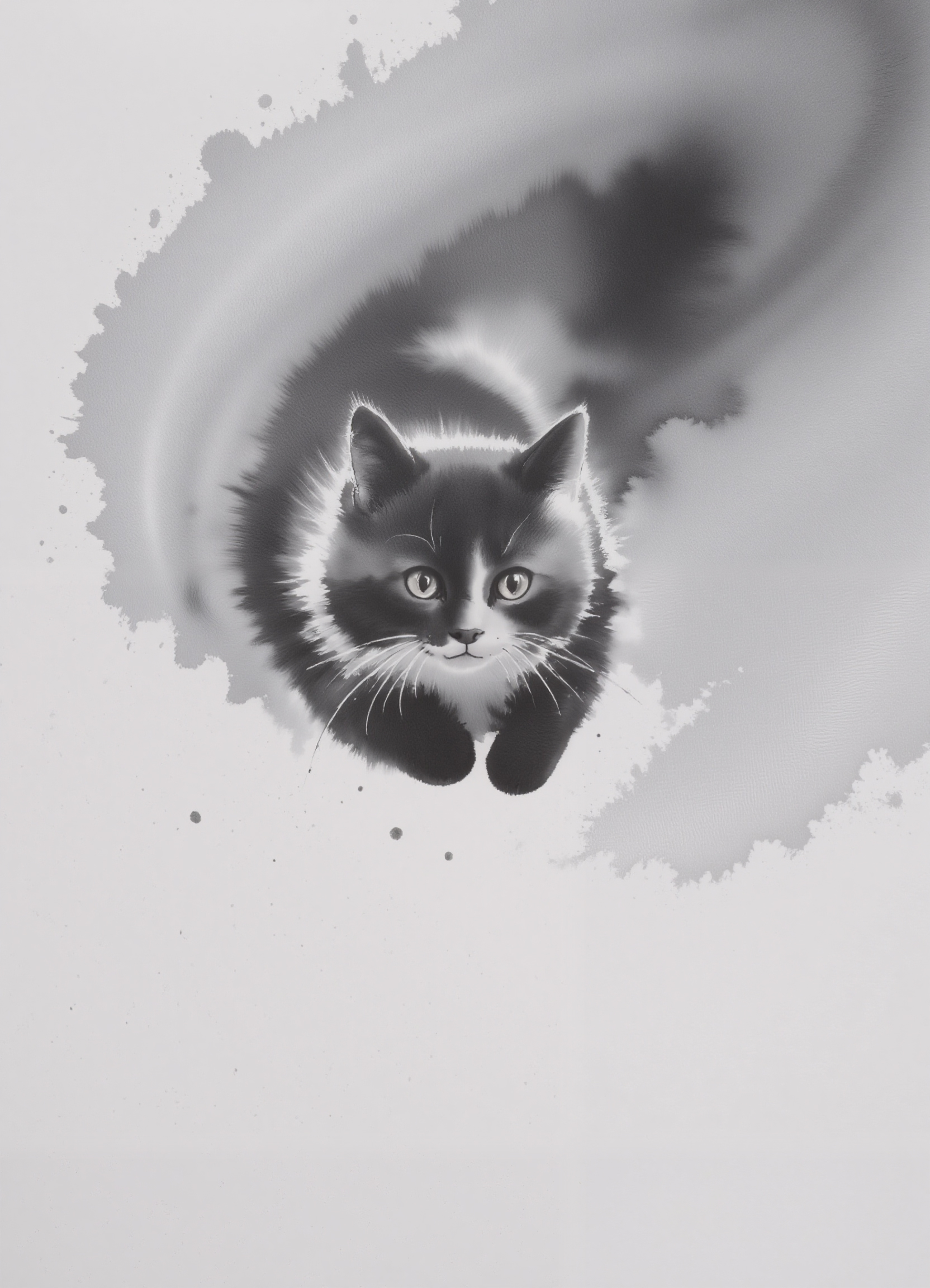 zydInk, monochrome, , a cat, jumping down, focus on cat