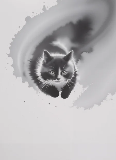 zydInk, monochrome, , a cat, jumping down, focus on cat