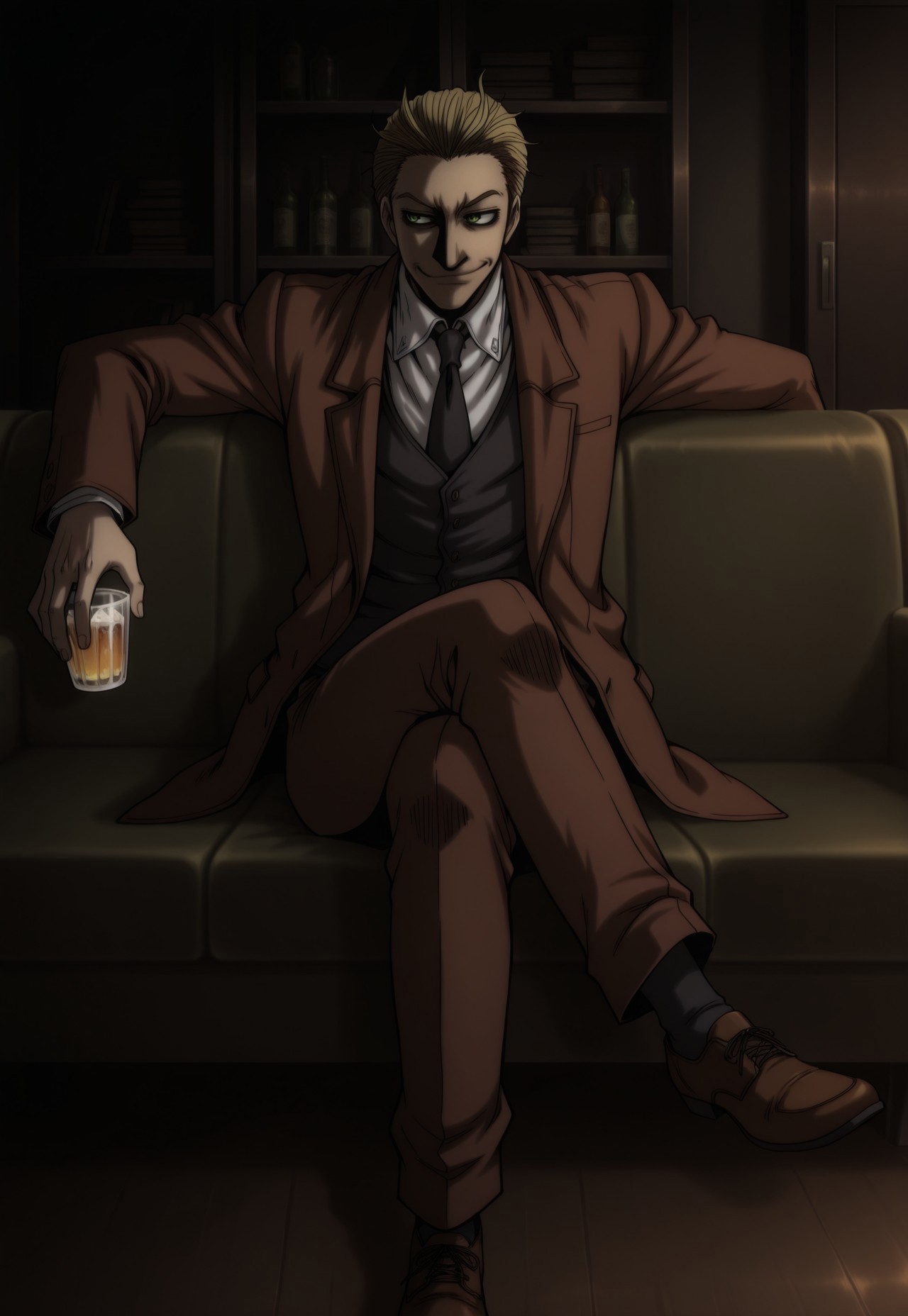 score_9, score_8_up, score_7_up, masterpiece, best quality, very aesthetic, ArthurHellsing, 1boy, solo, male focus, blonde hair, short hair, green eyes, brown jacket, white shirt, black necktie, black vest, brown pants, brown shoes, sitting, couch, study (room), holding drinking glas, alcohol, smirk, dark, perspective