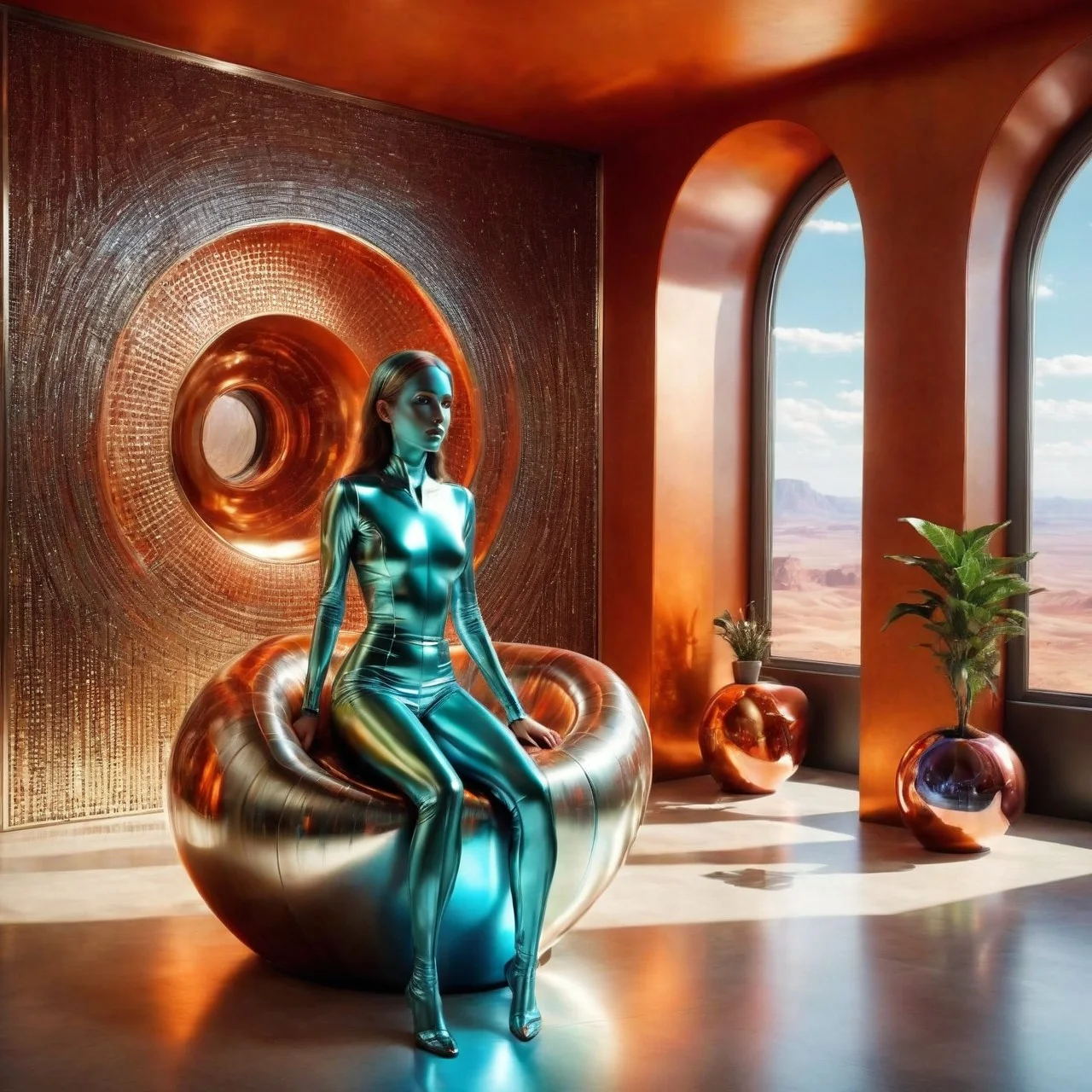 Amazing modern furniture and lighting in a futuristic cs-m3tal-ok_v06-1000 living room inhabited by a graceful cybernetic woman. Moroccan color palette. A large window has a view of a magnificent summer landscape, path, bright sunlightoutside. Very detailed, intricate, photorealistic, crisp edges.