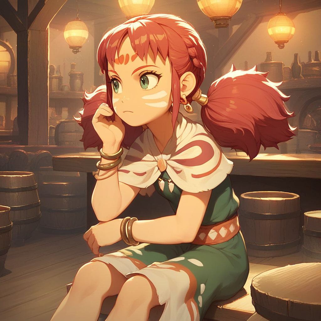 score_9, solo, tani, red hair, twintails, face paint, earrings, bracelet, sitting, indoors, tavern
