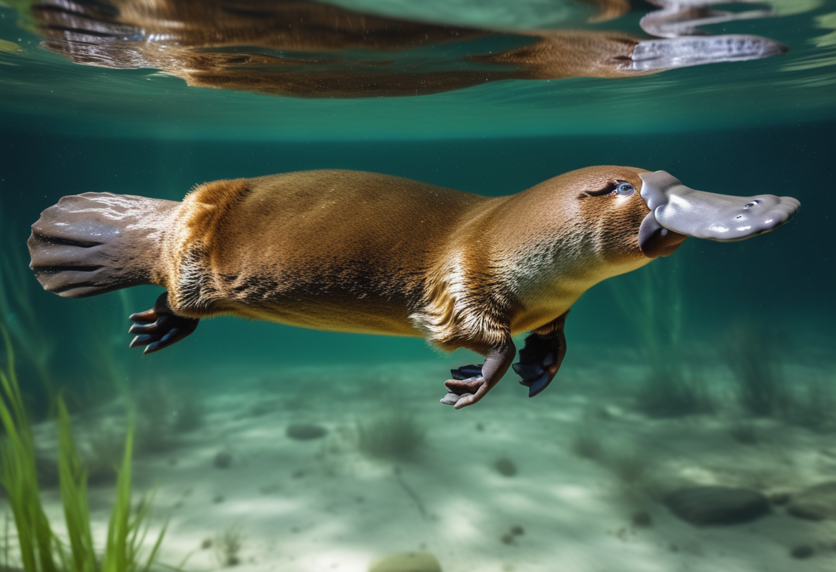 A brown platypus swimming toward the viewer underwater, diving down, clear water, beautiful nature photography, looking at viewer, view from above,