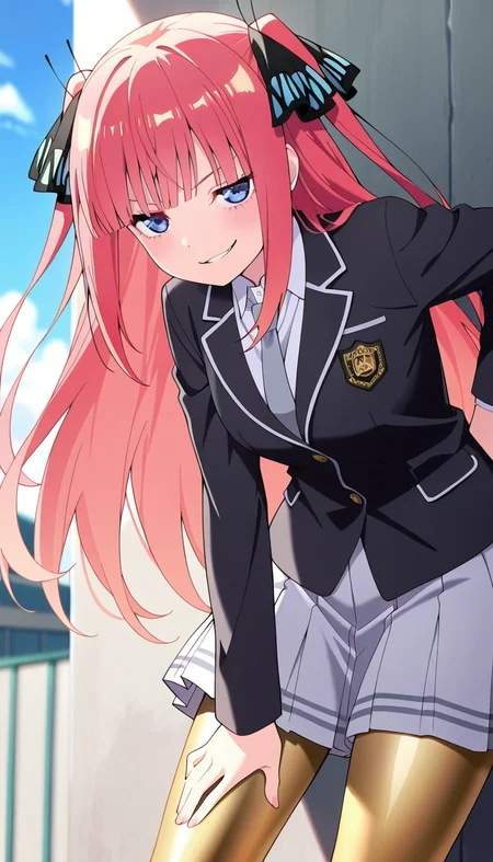 masterpiece, best quality, very aesthetic, absurdres,
solo, 1girl,

nino, long hair,bangs, blue eyes, hair ornament, hair ribbon, pink hair, blunt bangs, two side up, butterfly hair ornament,

smirk,

School Uniform, gold tights,

outside,
