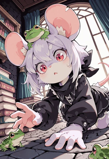 S4bit4mago_illu, anime style, s0wasow4rt_illu, halftone, detailed background, _Style, Cartoon_Type, score_9, score_8_up, score_7_up, masterpiece, best quality, high quality, newest, highres, absurdres, <lora:sowasowart_style-000016:1>,masterpiece, best quality, amazing quality, detailed background, concept art, realistic, dark theme, low light, solo, perfect fingers, portrait, short hair, (close up), anthro mouse girl, furry, frog on head, (too many), (many frogs in background), tiny, fron side, at an angle, mouse tail, cute, red eyes, surprised look, black scarf, interacting with frog, dynamic pose, lying on floor, holding frog, magicians store, reaching for frog, ((magical shop background)), black gothic dress, light purple fur, bottomless, picking up frog, disgusted, wincing, one lidded eye, for sale sign, cobblestone wall, windows, stacks of books on the floor, eyebrow raised, curtains, dynamic pose, masterpiece ,amazing quality, intricate details, flowing hair, (thin white outline),