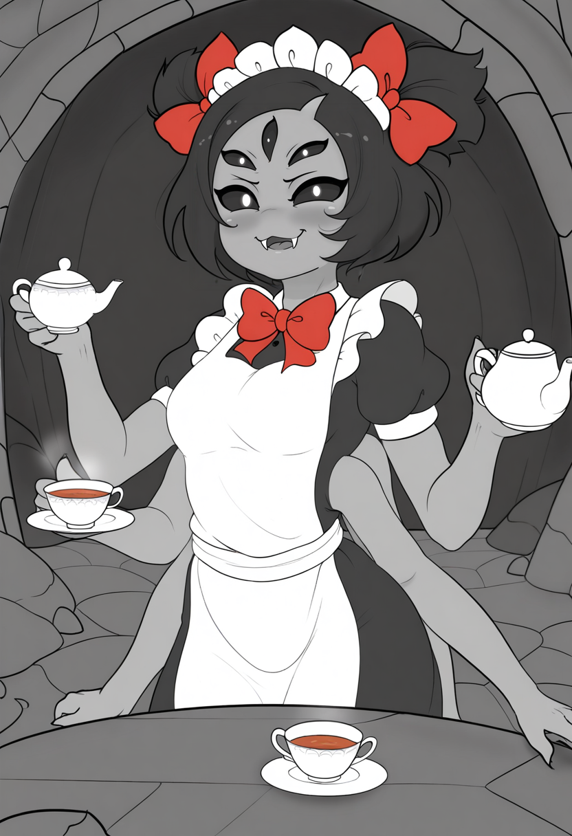 <lora:haaru style illustrious v1.0:1> haaru, haaru style, grey body, muffet, undertale, monster girl, spider girl, spider, multiple arms, 6arms, multiple eyes, 5eyes, central eye, extra eyes, black hair, twin tail hair, medium breast, fangs, pointy fangs, looking at viewer, eye contact, rushing toward viewer, cowboy shot, upper body, holding teacup, teapot, table, serving tea, red bow tie, blush, black dress, white apron, score_9, score_8_up, score_7_up, score_6_up, 1girl, solo, solo focus, female focus, one character in picture, solo in picture, one person in picture,, cave, dungeons, cobblestone wall in the back, rock wall, old rust environment, complex background, apron, maid, maid outfit, maiden, black and white dress