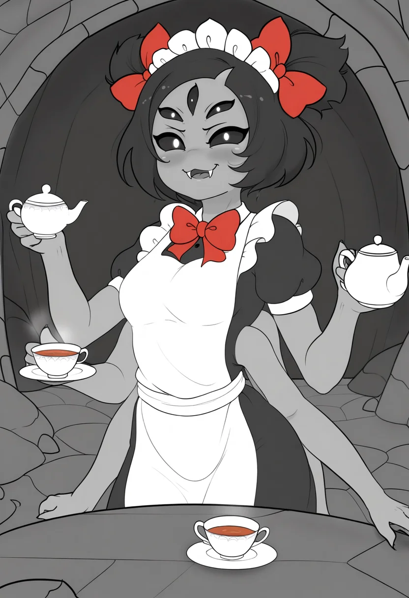 <lora:haaru style illustrious v1.0:1> haaru, haaru style, grey body, muffet, undertale, monster girl, spider girl, spider, multiple arms, 6arms, multiple eyes, 5eyes, central eye, extra eyes, black hair, twin tail hair, medium breast, fangs, pointy fangs, looking at viewer, eye contact, rushing toward viewer, cowboy shot, upper body, holding teacup, teapot, table, serving tea, red bow tie, blush, black dress, white apron, score_9, score_8_up, score_7_up, score_6_up, 1girl, solo, solo focus, female focus, one character in picture, solo in picture, one person in picture,, cave, dungeons, cobblestone wall in the back, rock wall, old rust environment, complex background, apron, maid, maid outfit, maiden, black and white dress