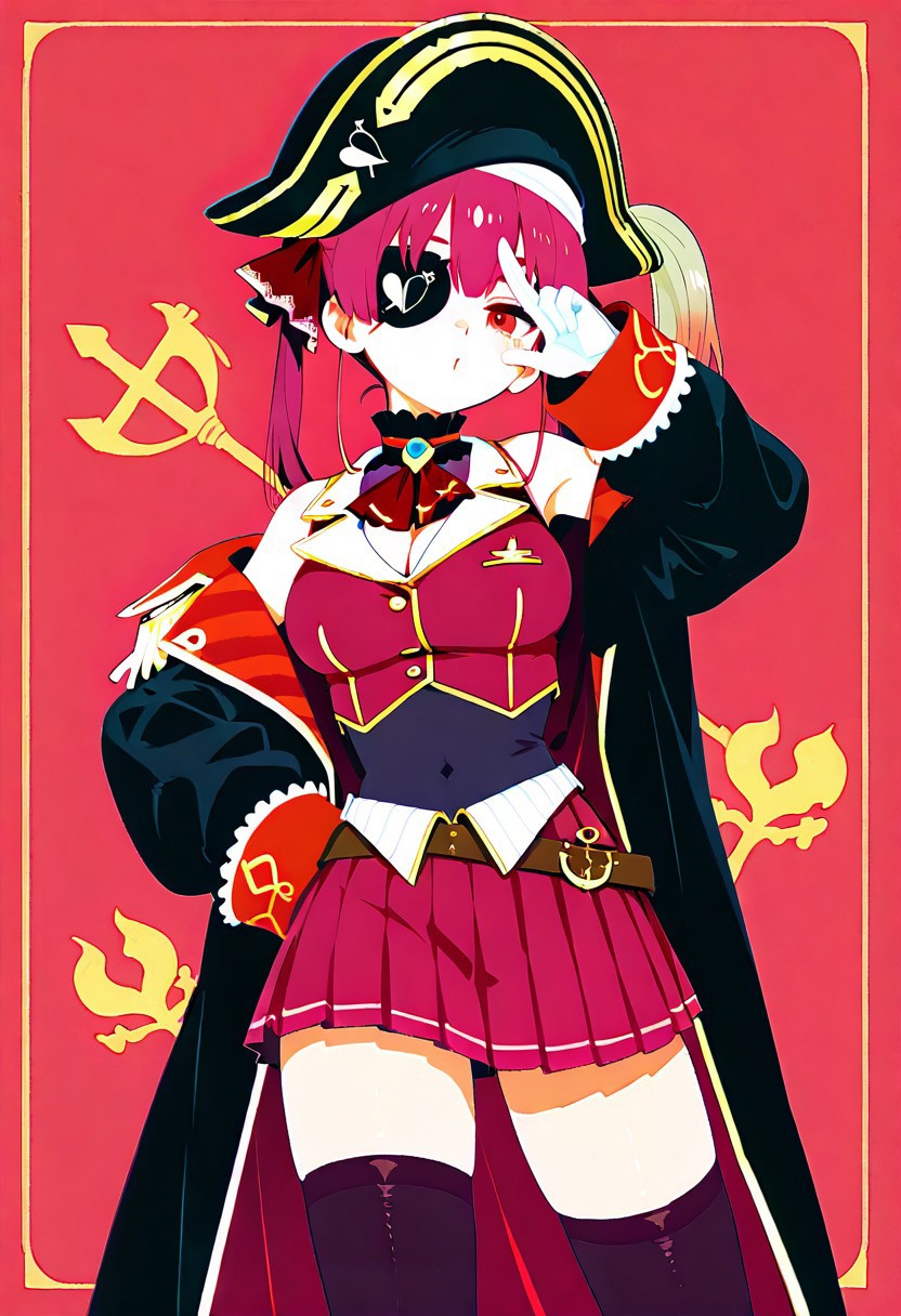 masterpiece,best quality,amazing quality, solo, Houshou_Marine,red_hair, red_eyes, twintails, long_hair, miniskirt, pleated_skirt, red_skirt, black_thighhighs, black_choker, frilled_choker, black_coat, red_coat, two-sided_fabric, brown_belt, white_gloves, cropped_jacket, red_ascot, hair_ribbon, red_ribbon, sleeveless_jacket, sleeves_past_wrists, cleavage, pirate_hat, black_hat, eyepatch ,simple background,red background,pirate flag background,haiz_ai, no lineart,no outline, <lora:ponyv6_noobE11_2_adamW-000017:0.3> <lora:MeMaXL4:0.8> <lora:veluflora-wai:0.4> <lora:haiz_ai_illu:0.7>cute pose,blow a kiss,love symbol,