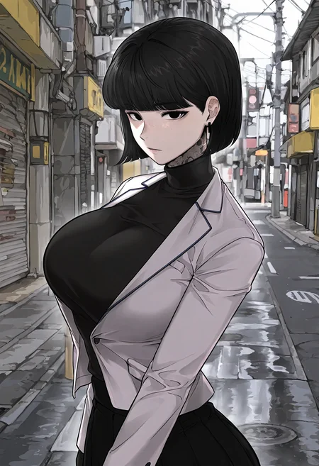 masterpiece, best quality, amazing quality, very aesthetic, absurdres, newest, scenery, 1girl, solo, huge breasts, <lora:Lee Jihyeon illustxl:0.9> black hair, black eyes, short hair, freckles, bob cut, neck tattoo, earrings, blunt bangs, full-body tattoo, leg tattoo, arm tattoo, bright eyes, white jacket, turtleneck sweater, black sweater, long sleeves, pleated skirt, black skirt, miniskirt, street, outside, standing, upper body, looking at viewer, shiny skin, masterpiece, best quality, amazing quality, very aesthetic, absurdres, newest, scenery, volumetric lighting