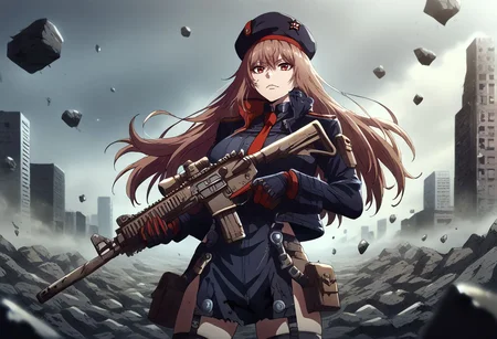 <lora:Pony_DetailV1.0:1>, score_9, score_8_up, score_7_up, source_anime, rating_general, highly detailed, (anime screenshot, flat coloring), <lora:rapi-nikke-richy-v1_pdxl:0.8> brown hair, red eyes, long hair, beret, thighs, thighhighs, gloves, cropped jacket, black jacket, long sleeves, necktie, BREAK beautiful woman, gigantic breasts, cowboy shot, seductive smile, standing holding black rifle, destroyed city, apocalyptic setting, debris, destroyed buildings, cracked asphalt streets, outdoors, detailed background, <lora:Holding_Weapon_Lora_-_For_Pony_models:1> ho1ding-weap0n, holding rifle, standing