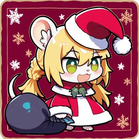 padoru <lora:padoru-IL-1.0:1>, masterpiece, perfect quality, best quality, anime coloring, 1girl, solo, padorumeme, padoru, christmas background, Chloe, 1girl, solo, long hair, blonde hair, animal ears, green eyes, furry female, mouse ears, mouse girl, mouse tail, body fur, white fur, bangs, animal nose,  <lora:Chloe_v02_PDXL:1>, score_9, score_8_up, score_7_up, score_6_up, score_5_up, score_4_up,