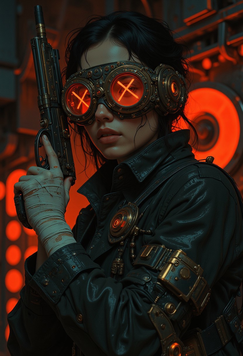 confident noir woman, fantasy steampunk setting, glowing mechanical eyes, glowing red circular intricate steampunk goggles, leather trench coat, brass and copper accents, futuristic pistol, bandage gloves, imperfect skin, eyes with "X" marks, glowing gears in the background, dark ambiance, moody lighting, dramatic pose, cinematic atmosphere