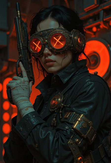 confident noir woman, fantasy steampunk setting, glowing mechanical eyes, glowing red circular intricate steampunk goggles, leather trench coat, brass and copper accents, futuristic pistol, bandage gloves, imperfect skin, eyes with "X" marks, glowing gears in the background, dark ambiance, moody lighting, dramatic pose, cinematic atmosphere