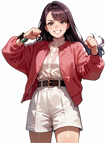 score_9, score_8_up, score_7_up, score_6_up,source_anime anime screencap, anime coloring, <lora:PinkTurbo:1>pinkturbo, 1girl, long hair, solo, pantyhose, jacket, skirt, belt, smile, shorts, wristwatch fighting stance, looking at viewer, simple background, thick thighs,