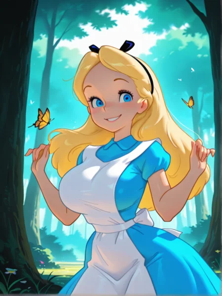 masterpiece, best quality, amazing quality, very aesthetic, absurdres, newest, detailed background, outdoors, dynamic angle, forest, butterflies, 4k, 8k,
alicexd, 1girl, solo, blonde hair, long hair, hairbow, blue dress, white apron, bow, cowboy shot, large breasts, wide hips, narrow waist, looking at viewer, blue eyes, smile, cute pose
<lora:Alice_-_Disney_Illustrious:1>