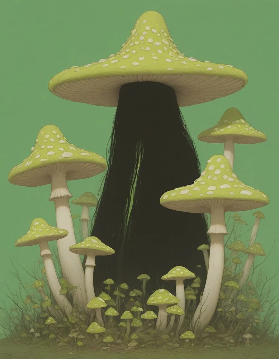 best quality, hires, surreal, solo, 1girl, simple background, green theme, outdoors, mushroom, hat, long hair, black hair, vdsur