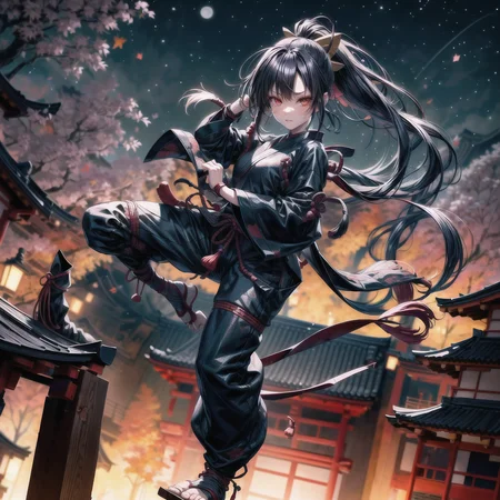 kunoichi, (((damaged clothes))), long black hair in a ponytail, beautiful face, night sky, ((action shot)), full body Japanese village, autumn, falling leave, vibrant colors, twinkling stars, intricate detail, (extremely complex:1 2), (sharp focus, realistic:1.3) <lora:more_details:1>