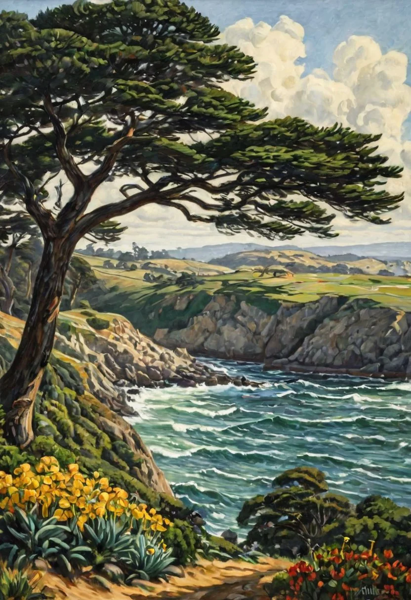 by [[Chris Leib|John French Sloan|Janek Sedlar|Terry Redlin|Louis Rhead]:John French Sloan and Terry Redlin:0.35] [, landscape::1], Monterey bay