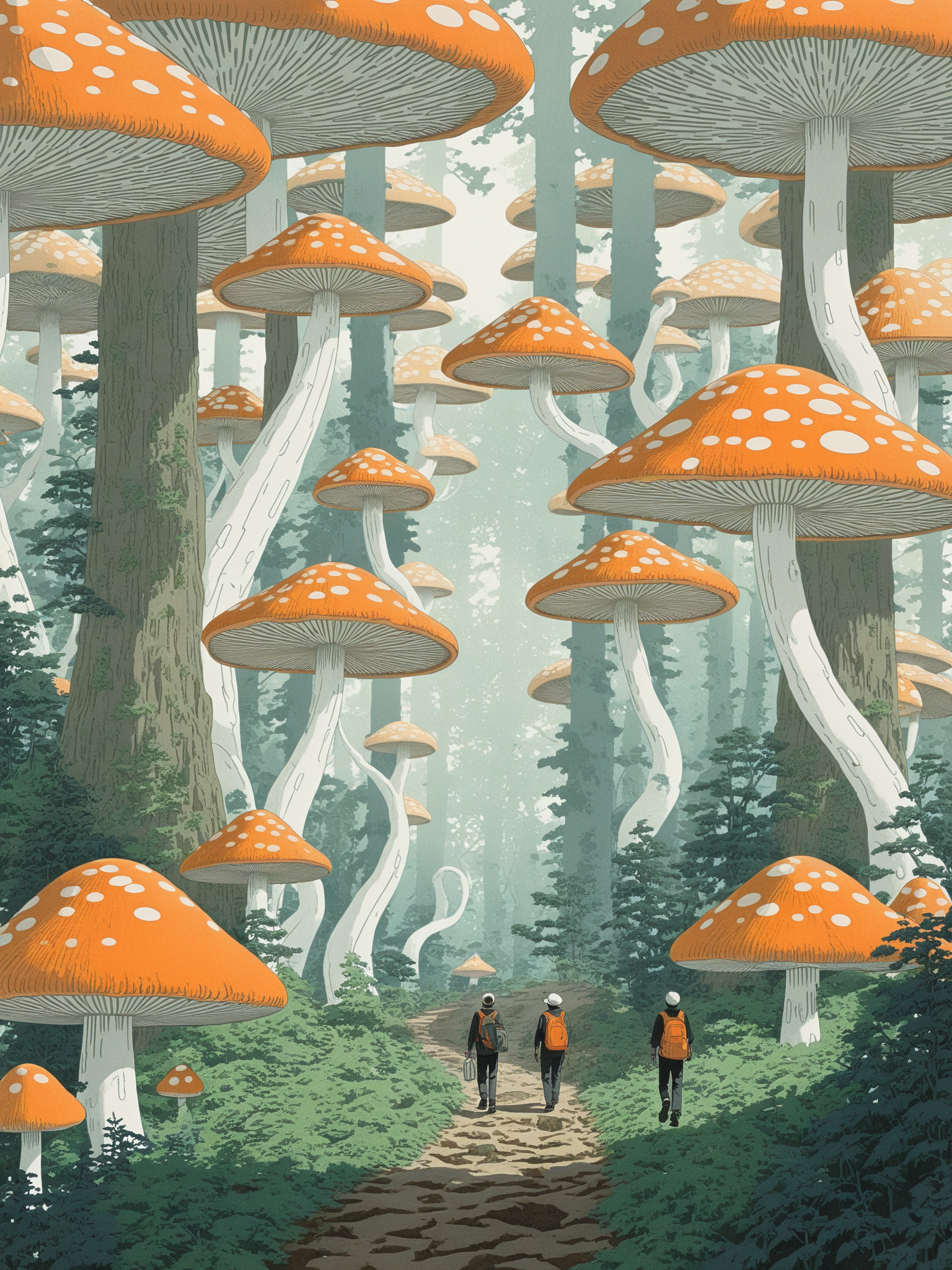 illustrations,KawaseHasui,A man walks in a forest overgrown with large mushrooms, in a futuristic design style, white and orange, ethereal sculptures, spectacular background,