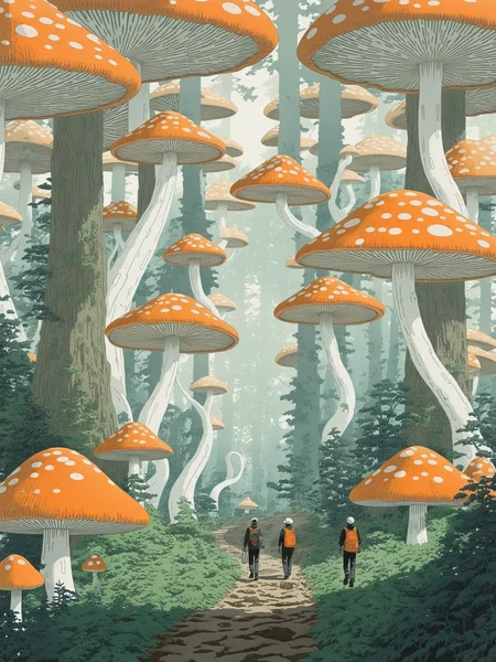 illustrations,KawaseHasui,A man walks in a forest overgrown with large mushrooms, in a futuristic design style, white and orange, ethereal sculptures, spectacular background,