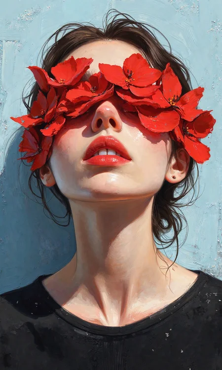 high angle close-up shot, digital artwork with a mix of impressionistic and paint strokes style, a woman's face appearing from the neck up, body pose is facing upwards with her head tilted back, mouth slightly open, and eyes closed, the face and neck are made of skin-colored brush strokes with visible texture, red petal shapes are covering the eyes and forehead area, these red petals are painted with thick strokes and are layered densely, the face has soft features, eyes are not visible due to the red petals, mouth is open slightly revealing duo red and white teeth, nose is slightly upturned, hairstyle is dark brown hair strands visible around the face and neck, clothes are a black top visible at the shoulders and chest, background is light blue with visible paint strokes, lighting is soft and diffused, creating subtle shadows on the face and neck., <lora:FLUX-daubrez-DB4RZ-v2:0.35> DB4RZ, DB4RZ style painting
<lora:aidmaMJ6.1_v0.5_3:0.35> aidmamj6.1, aidmamj6
 <lora:samdoesarts:0.4>