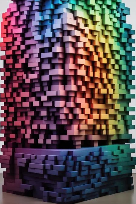 <lora:Felipe Pantone Style:1>Felipe Pantone Style - Three dozen pixelated cubes stacked into a towering monument, with each layer a different color of the rainbow.
