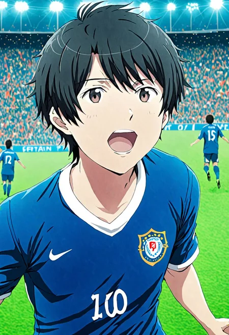high resolution, solo, best quality, 1Boy, Inaho Kaizuka, Black Hair, soccer player, field, portrait, sport photography, celebration, OverallDetail
