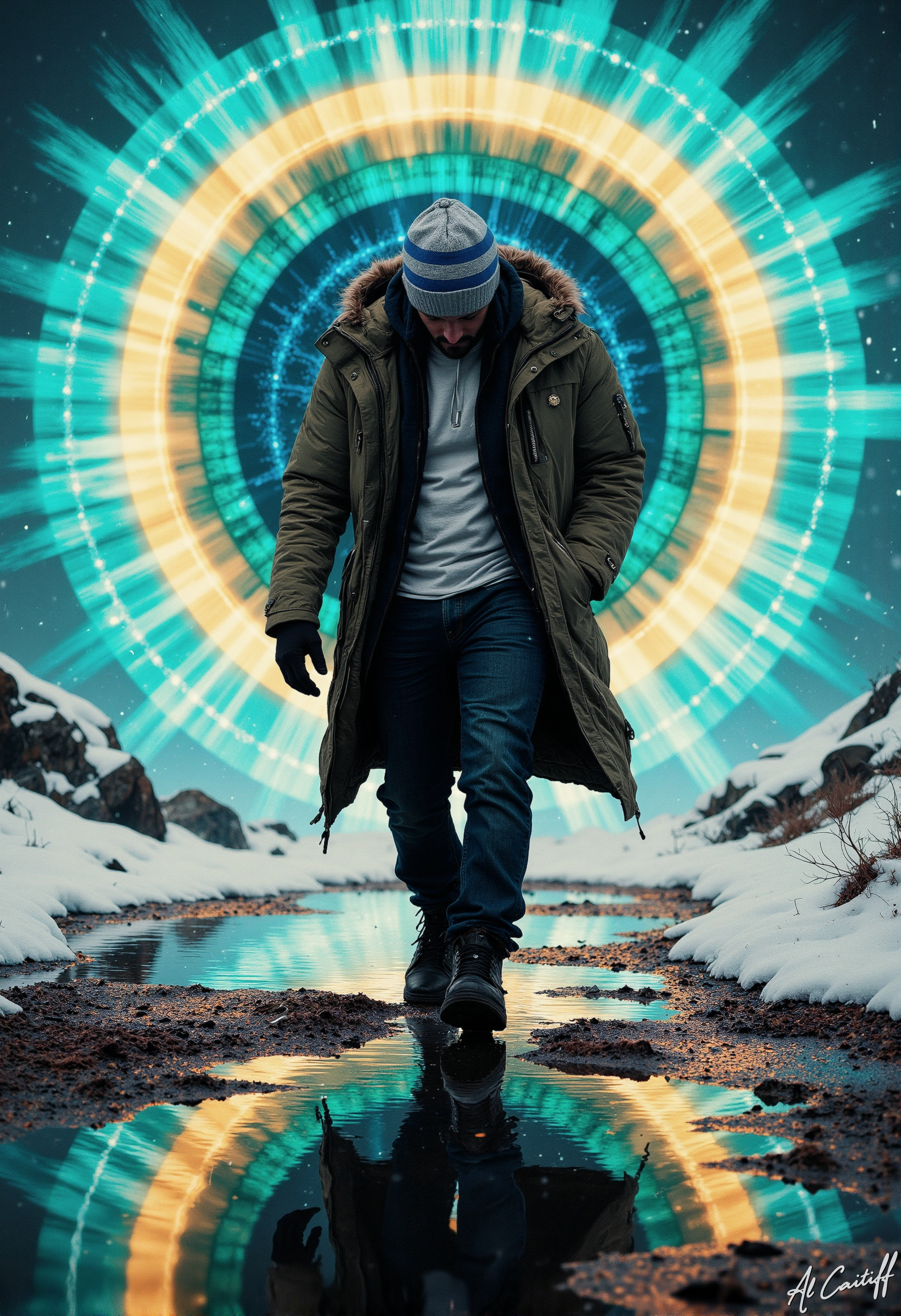 High-angle Dutch tilt, 50mm telephoto lens with slight barrel distortion, no motion blur, deep f/4 depth of field. A man with a black hoodie and matching gloves walks towards the camera, his face obscured by a silver and blue striped beanie. His right arm is extended, hand in a fist, while his left hand is in a pocket of his olive green parka. The parka is unzipped, revealing a white thermal shirt underneath. He wears black leather boots with a chunky sole. The background is a vibrant turquoise, and a giant, abstract, multi-colored mandala (with concentric circles of turquoise, navy blue, and lime green) is reflected in a large, still body of water at his feet. The light source is a warm, golden glow emanating from above, casting long shadows behind the man., l1n0c2t, fg<lora:CustomFlux/MysticRealism.safetensors:1.0000000000000002:1.0000000000000002> <lora:CustomFlux/MysticFantasy.safetensors:0.25000000000000006:0.25000000000000006> <lora:Flux/Linocut - s1 g4.safetensors:0.25000000000000006:0.25000000000000006> <lora:Flux/Stylized-Super-Texture.safetensors:0.5000000000000001:0.5000000000000001>