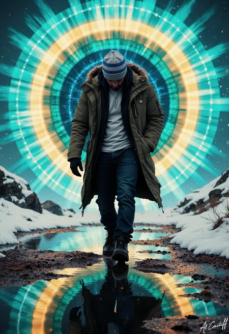 High-angle Dutch tilt, 50mm telephoto lens with slight barrel distortion, no motion blur, deep f/4 depth of field. A man with a black hoodie and matching gloves walks towards the camera, his face obscured by a silver and blue striped beanie. His right arm is extended, hand in a fist, while his left hand is in a pocket of his olive green parka. The parka is unzipped, revealing a white thermal shirt underneath. He wears black leather boots with a chunky sole. The background is a vibrant turquoise, and a giant, abstract, multi-colored mandala (with concentric circles of turquoise, navy blue, and lime green) is reflected in a large, still body of water at his feet. The light source is a warm, golden glow emanating from above, casting long shadows behind the man., l1n0c2t, fg<lora:CustomFlux/MysticRealism.safetensors:1.0000000000000002:1.0000000000000002> <lora:CustomFlux/MysticFantasy.safetensors:0.25000000000000006:0.25000000000000006> <lora:Flux/Linocut - s1 g4.safetensors:0.25000000000000006:0.25000000000000006> <lora:Flux/Stylized-Super-Texture.safetensors:0.5000000000000001:0.5000000000000001>
