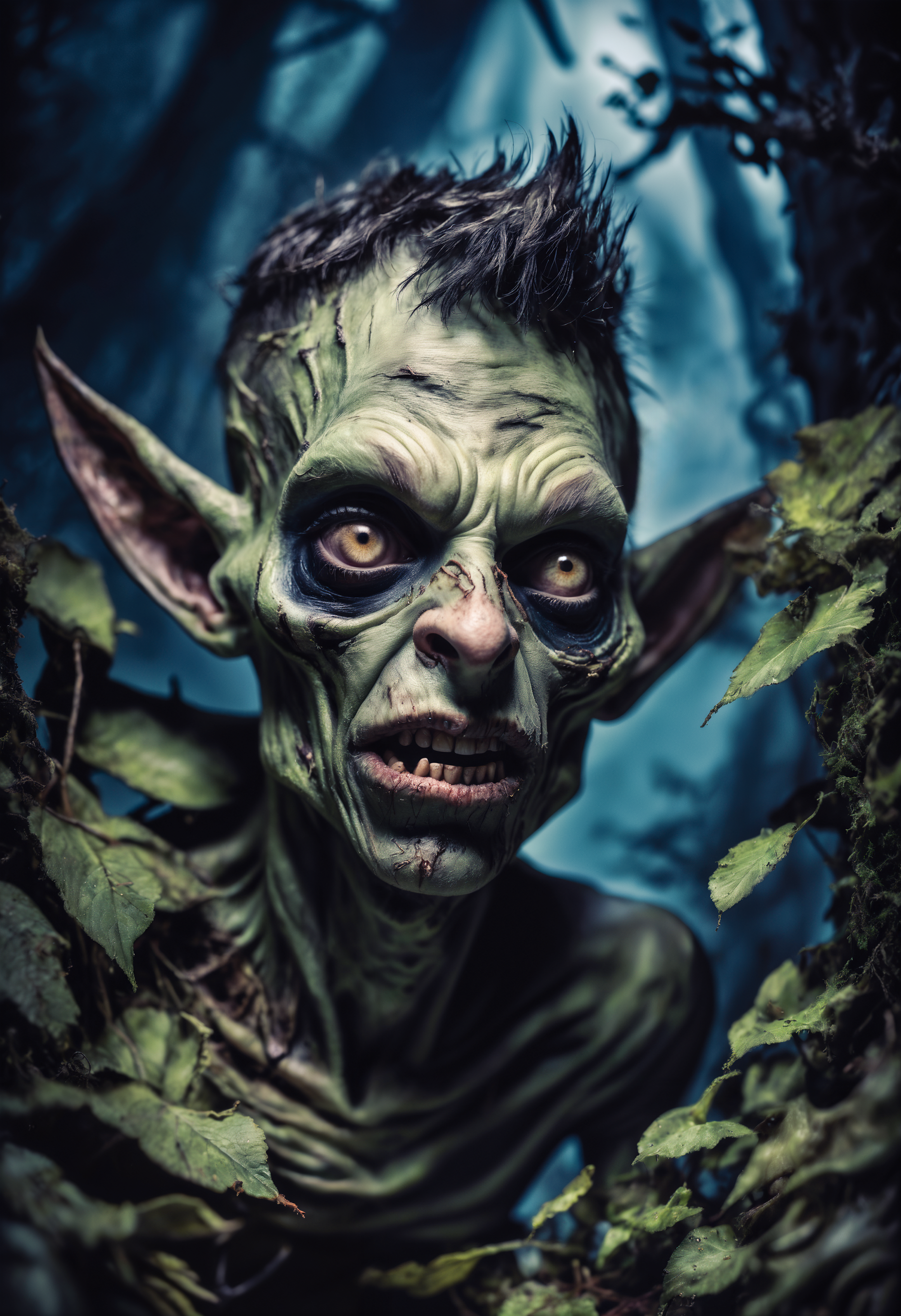 hyperrealistic glamour portrait of a goblin in death forest at night, freckles, skin pores, pores, velus hair, macro, extreme details, looking at viewer,