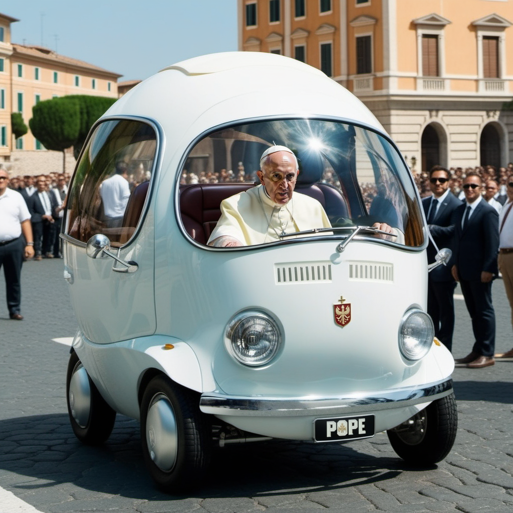 the pope drives a pearly white bubble car, "POPE" on the licenceplate,  rome,  highly detailed, attack on titan, photography, ultra sharp, film, professional, 64k <lora:PeaCar1024:0.8> <lora:add-detail-xl:1.5>