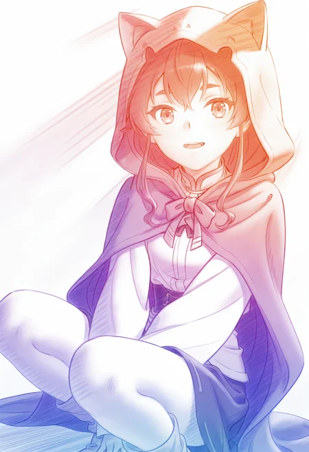 <lora:Colored pencils_illustrious-000098:1.2>,
monochrome,simple_background,colorful,
<lora:Eris Greyrat_illustrious-000016:0.8>,
Eris Greyrat,solo,hood,white shirt,shirt,animal hood,hood up,looking at viewer,sitting,cat hood,long sleeves,parted lips,hand between legs,socks,thick eyebrows,fake animal ears,cloak,skirt,squatting,double v,upper_teeth,smile