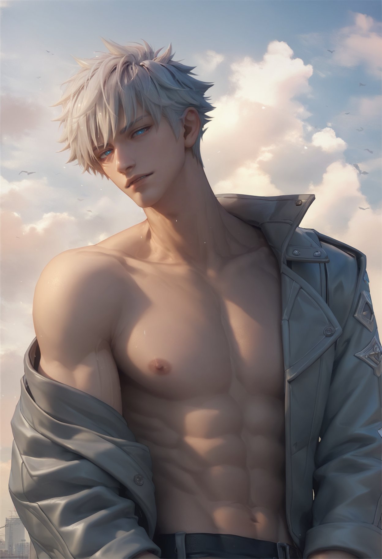 <lora:artbyl2-000008:0.8>,art byl,1boy,solo,male focus,blue eyes,jacket,short hair,white hair,looking at viewer,outdoors,cloud,sky,muscular,upper_body,muscular male,, score_9,score_8_up,score_7_up,score_6_up,rating_explicit
